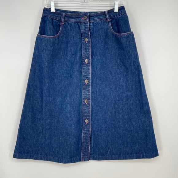 Vtg 80s Halston III Denim Skirt Fit 29 inch Indigo Blue Button Front Midi Pocket - Picture 1 of 8